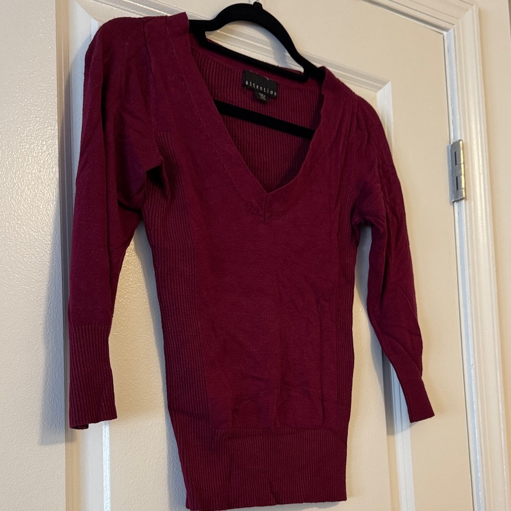 Attention Burgundy V-Neck Sweater